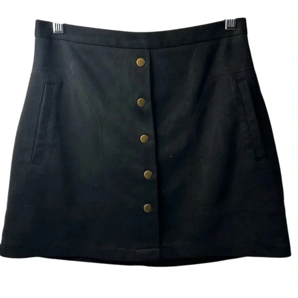 Hyfve Women's Black Faux Suede A-Line Mini Skirt Size L Button Front - Picture 2 of 9